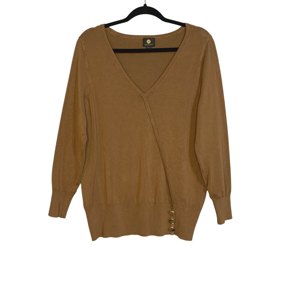 JM Collection Women Brown V Neck Faux‎ Wrap Long Sleeve Sweater Top Size M